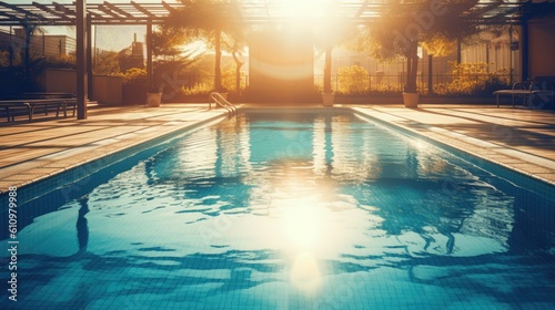 The water surface of the pool with sunlight, clear blue water. Generative AI