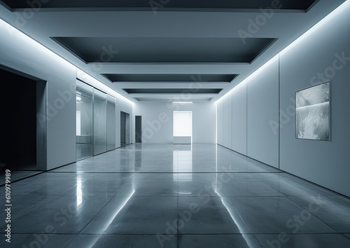 art gallery interior. Beautiful modern white glossy walls and floor interior. Generative Ai