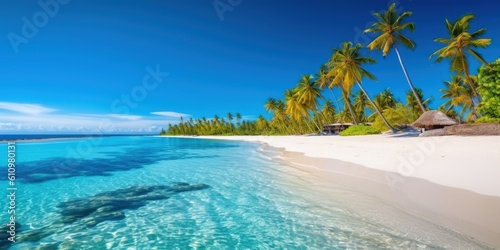 Villas and palm trees on the shore of the azure sea with white sand. Tropical paradise, vacation by the sea. Generaive AI