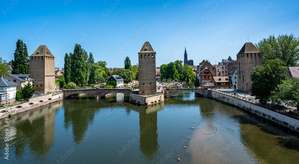 Covered bridge Pont Couverts in Strasbourgh in the district Petite France, Alsace.