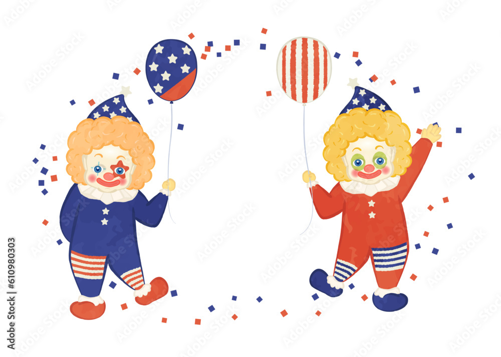 Illustration set of a cute clown dressed as an American flag pattern Illustration set of a cute clown dressed as an American flag pattern