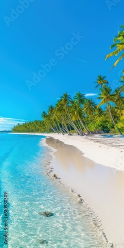 Palm trees on the shore of the azure sea with white sand. Beach resort on a tropical paradise island, vacation by the sea. Generative AI