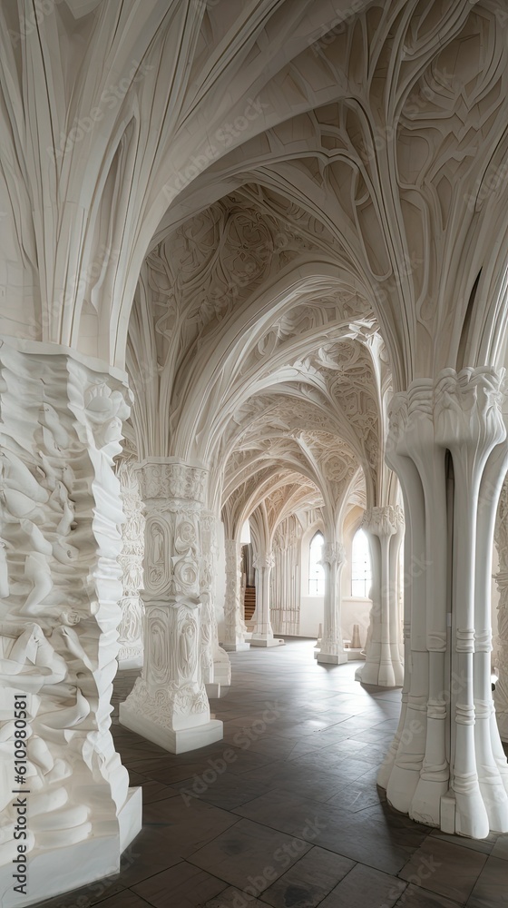 Beautiful intricate interior of a white gothic church  architecture. Generative Ai
