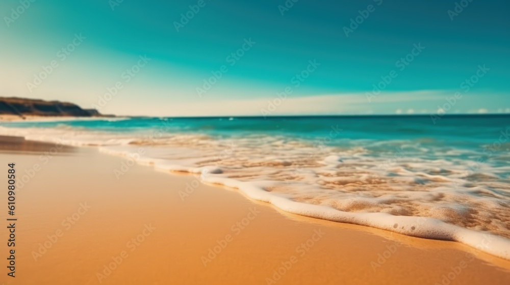 Empty sea coast with yellow sand and emerald wave with white foam. Summer vacation at the sea. Generative AI