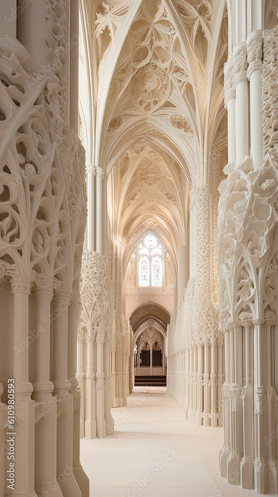 Beautiful intricate interior of a white gothic church  architecture. Generative Ai