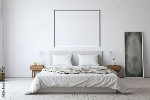 Cosy bright bedroom with large canvas mock-up on the wall. Generative Ai