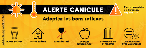 Alerte canicule - Bannière - Adoptez les bons gestes - Prévention autour des fortes chaleurs - Éléments vectoriels éditables 