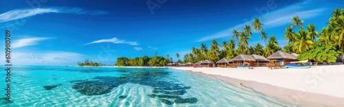 Villas and palm trees on the shore of the azure sea with white sand. Tropical paradise  vacation by the sea. Generaive AI