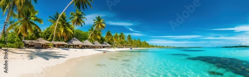 Villas and palm trees on the shore of the azure sea with white sand. Tropical paradise, vacation by the sea. Generaive AI