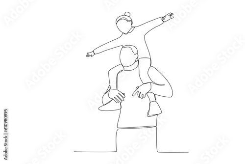 Vector continuous line drawing happy father piggybacking cute little daughter playing with dad vector