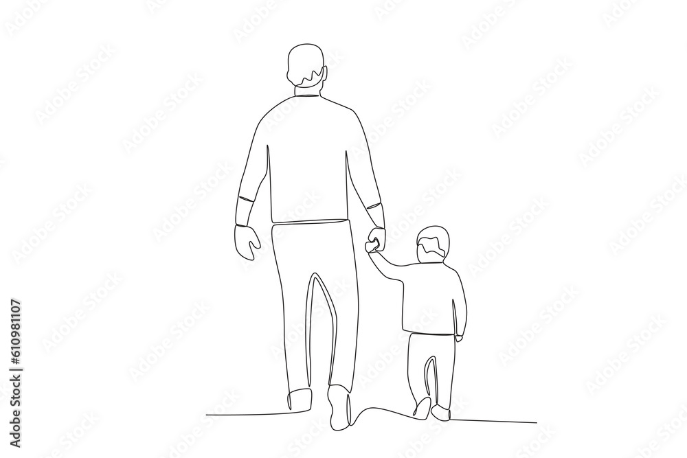 Vector continuous line drawing happy father piggybacking cute little boy playing with dad vecto
