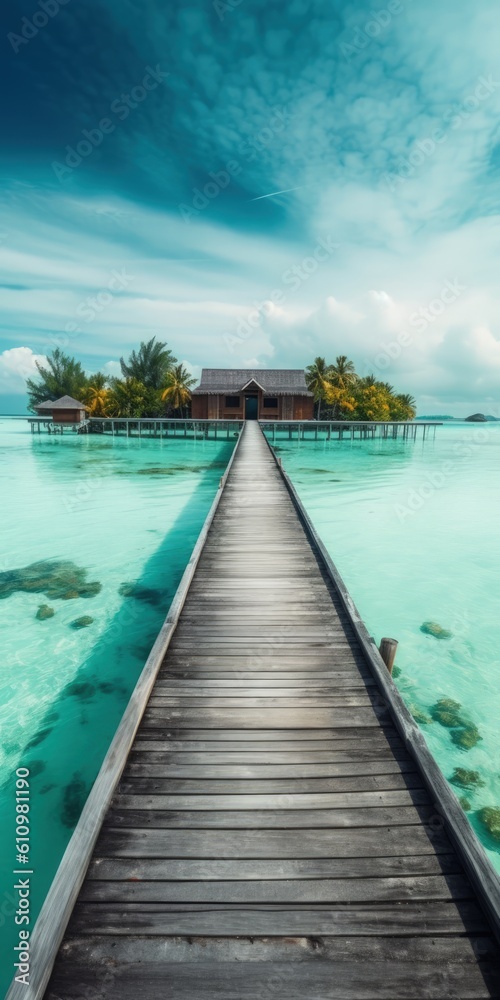 Villas on the water, a wooden pier over the azure sea leads to palm trees and villas. Summer vacation, a beach resort on a tropical paradise island. Luxurious tourist landscape. Generative AI