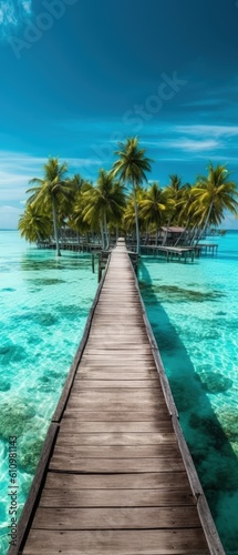 Villas on the water, a wooden pier over the azure sea leads to palm trees and villas. Summer vacation, a beach resort on a tropical paradise island. Luxurious tourist landscape. Generative AI ©  AKA-RA