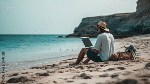 A man is working at a laptop on the shore of the azure sea. Rest and work by the sea. Generaive AI