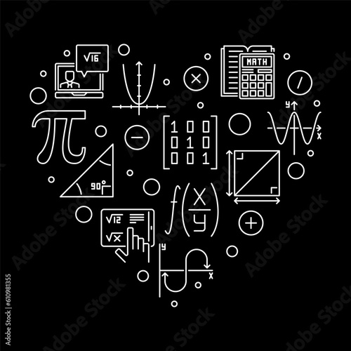 World Math Day vector outline heart banner. Math 8 March Holiday illustration