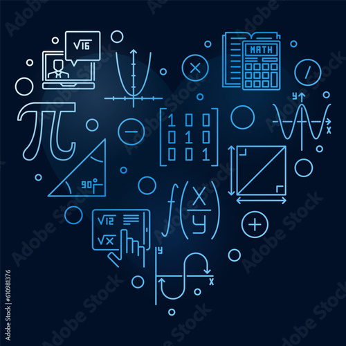 World Math Day vector line heart shaped blue banner - Math 8 March Holiday concept illustration