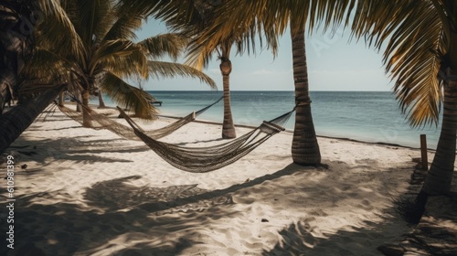 Tropical island beach shore with exotic palm trees, a hammock, clear water of sea and white sand. Summer vacation. Generative AI