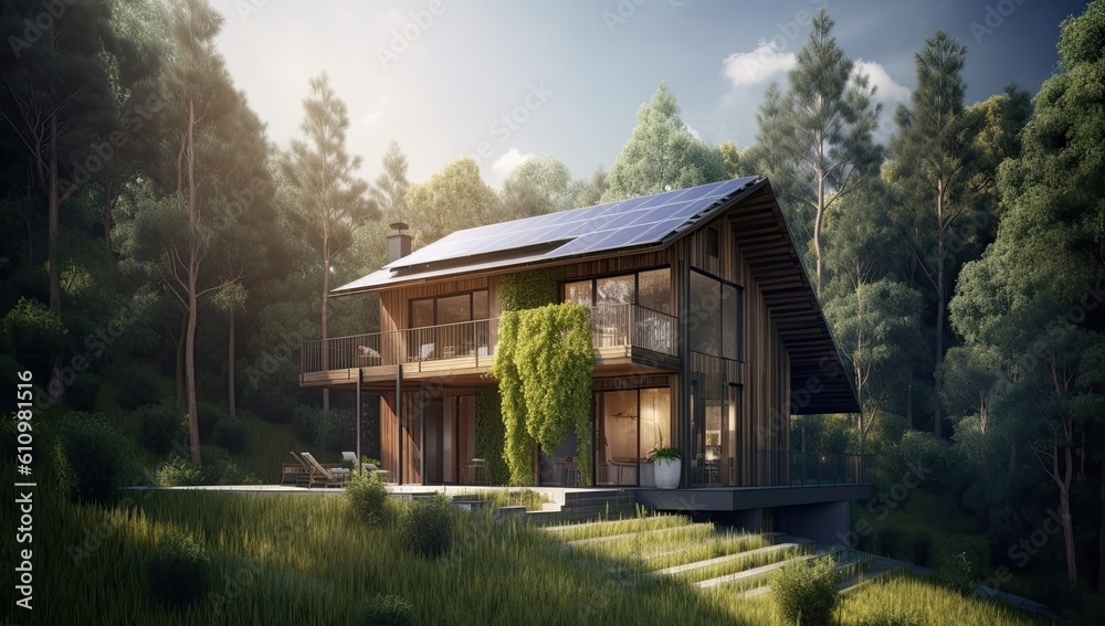 The concept of alternative energy sources. House in the woods with solar panel. Generate Ai. Generative AI The concept of alternative energy sources. House in the woods with solar panel. Generate Ai. Generative AI