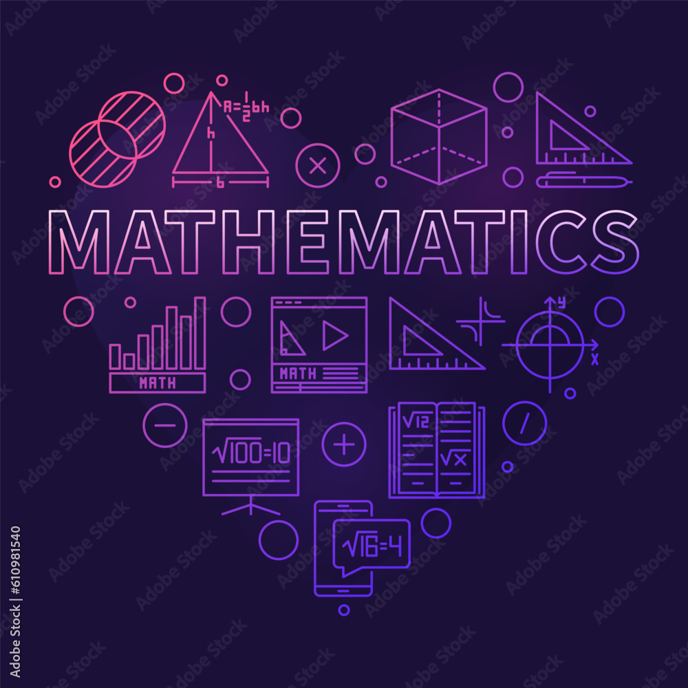 Mathematics vector thin line heart shaped colored banner - Math Science outline illustration