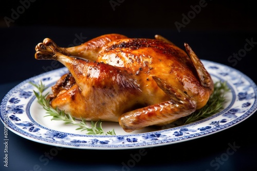 Detailed close-up photography of a tempting roast chicken on a porcelain platter against a patterned gift wrap paper background. With generative AI technology