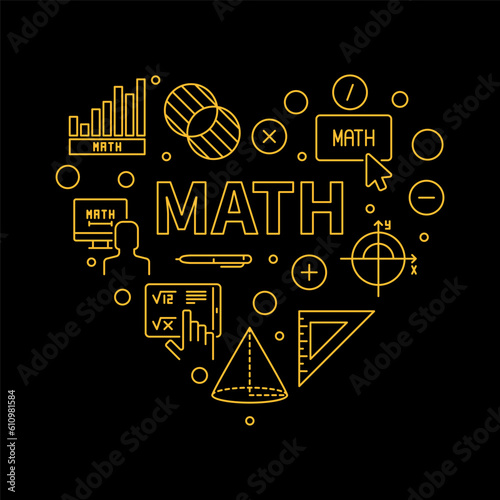 Math Heart vector concept outline banner - Math heart-shaped illustration