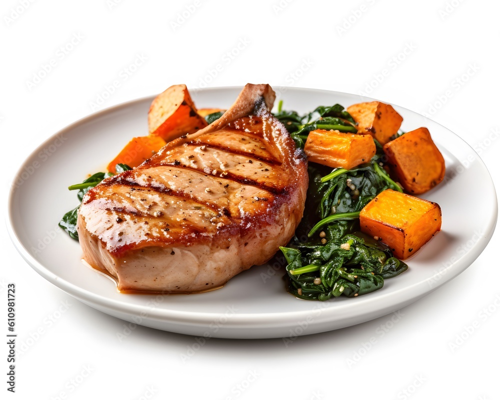 grilled beef chops that are juicy and tender, served with roasted sweet potatoes as a side. Generative AI grilled beef chops that are juicy and tender, served with roasted sweet potatoes as a side. Generative AI