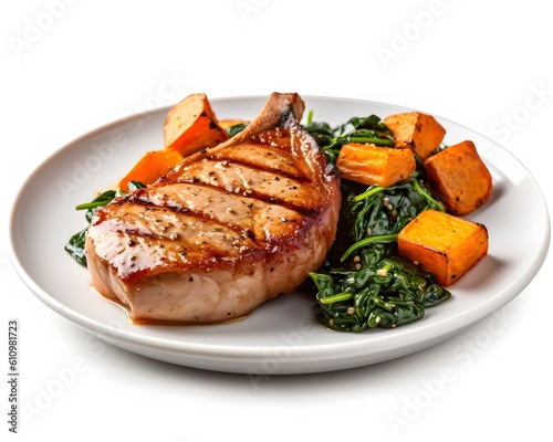 grilled beef chops that are juicy and tender, served with roasted sweet potatoes as a side. Generative AI