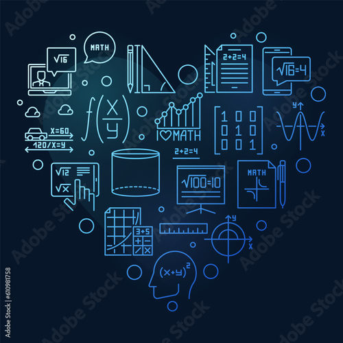 I Love Mathematics vector thin line heart-shaped blue banner. Math concept illustration