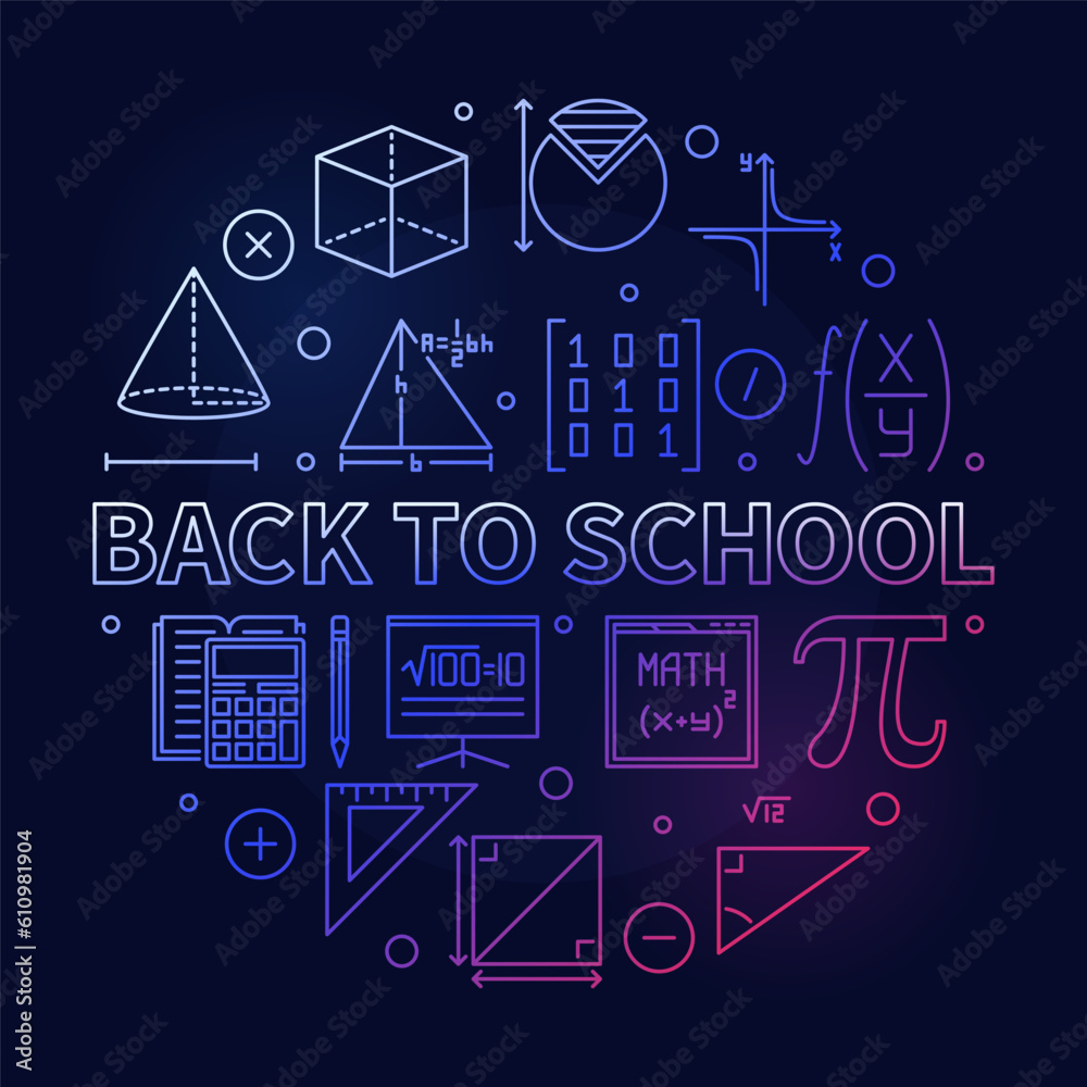 Back to School concept vector thin line round colored banner. Math illustration Back to School concept vector thin line round colored banner. Math illustration