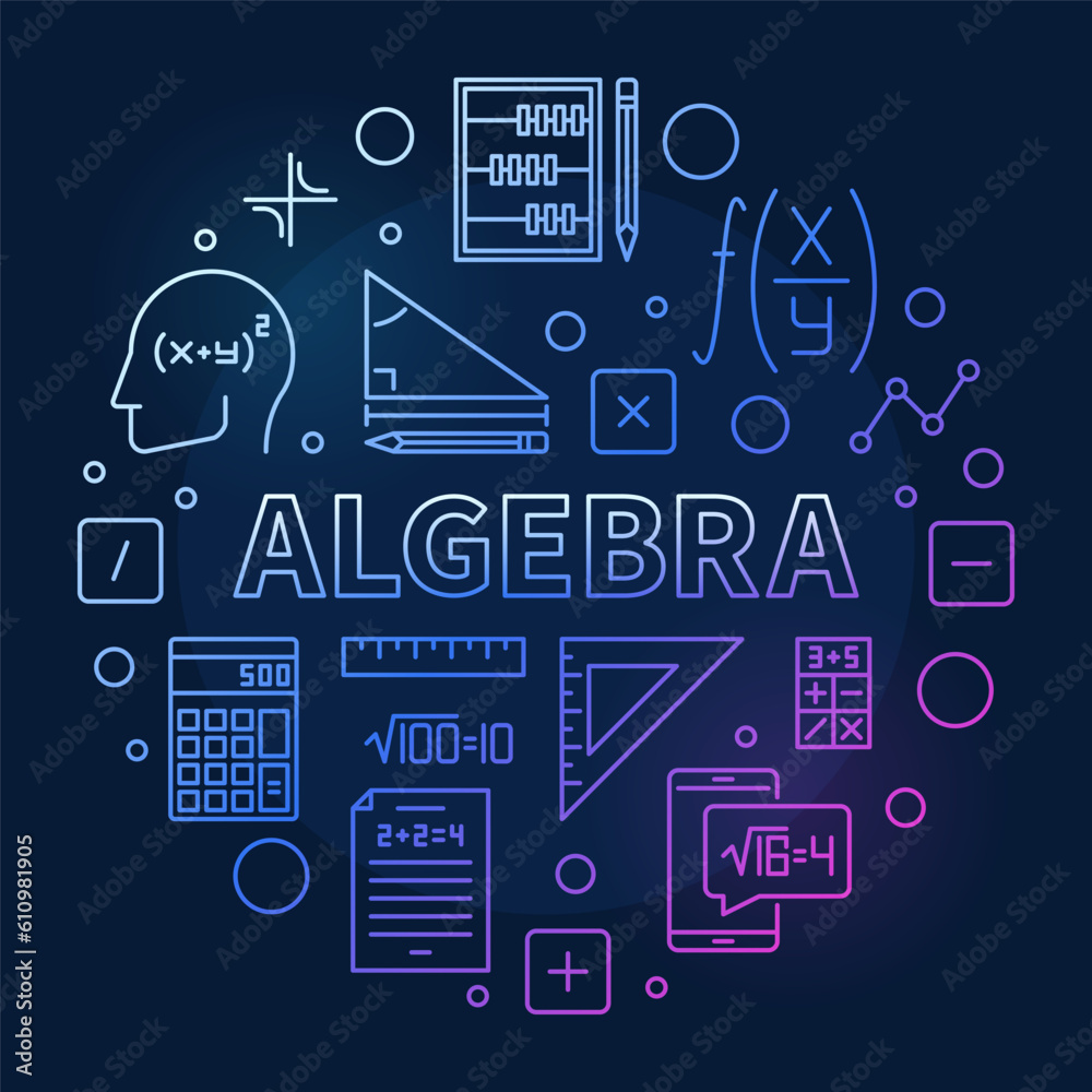 Algebra concept thin line round colored banner - Vector illustration