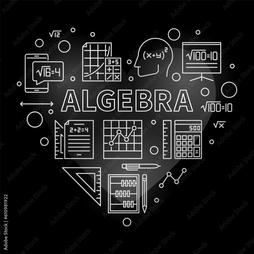 Algebra concept thin line heart shaped silver banner. Vector illustration