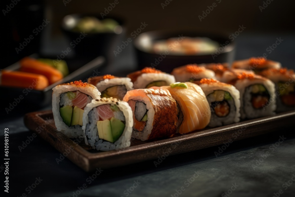 Highly detailed close-up photography of a juicy sushi on a plastic tray against a coffee sack fabric background. With generative AI technology Highly detailed close-up photography of a juicy sushi on a plastic tray against a coffee sack fabric background. With generative AI technology