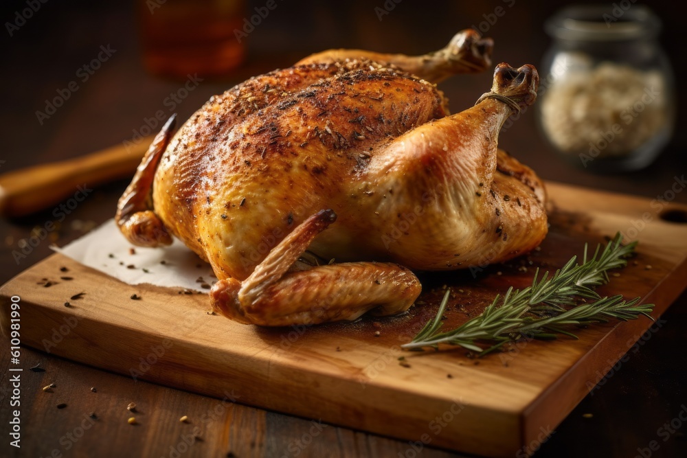 Close-up view photography of a tempting roast chicken on a wooden board against a coffee sack fabric background. With generative AI technology Close-up view photography of a tempting roast chicken on a wooden board against a coffee sack fabric background. With generative AI technology