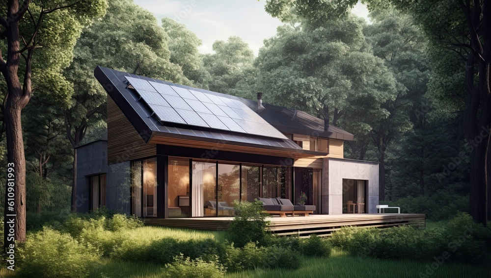 The concept of clean energy sources. House in the woods with solar panel. Generate Ai Generative AI