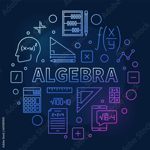 Algebra concept thin line round colored banner - Vector illustration