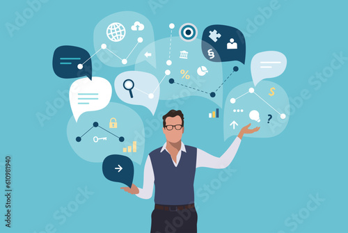 Perfection, balance, risk. Businessman juggling business icons. Concept business vector illustration