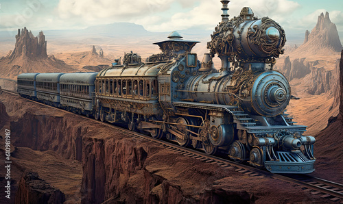 fantasy steampunk train. Generative AI image.