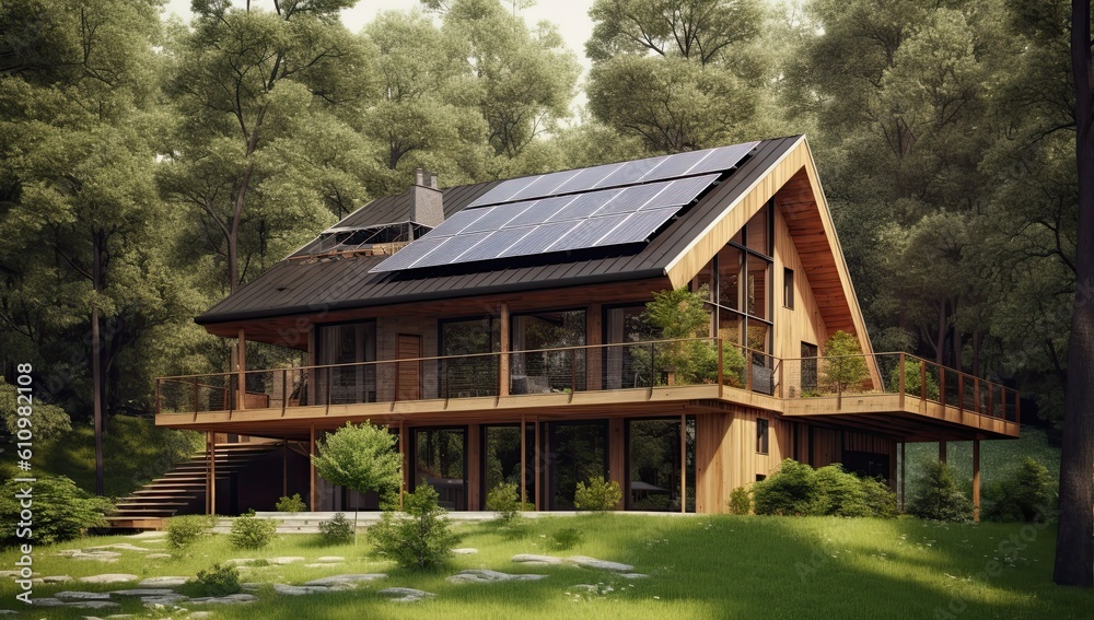 Wooden house in the forest with solar panels. The concept of alternative energy sources. Generate Ai Generative AI