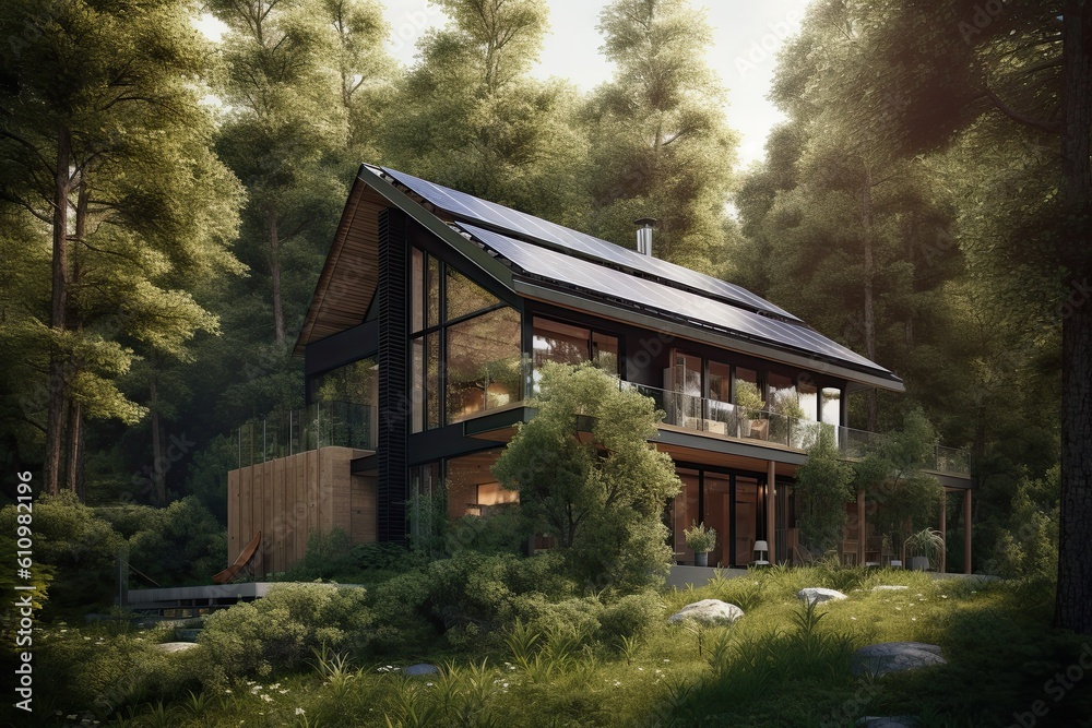 The concept of alternative energy sources. House in the woods with solar panel. Beautiful mansion in the forest among pine trees. Generate Ai Generative AI The concept of alternative energy sources. House in the woods with solar panel. Beautiful mansion in the forest among pine trees. Generate Ai Generative AI