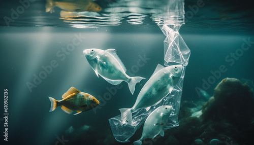Pesci che escono da una busta di plastica. Inquinamento degli oceani. Ai generated. photo