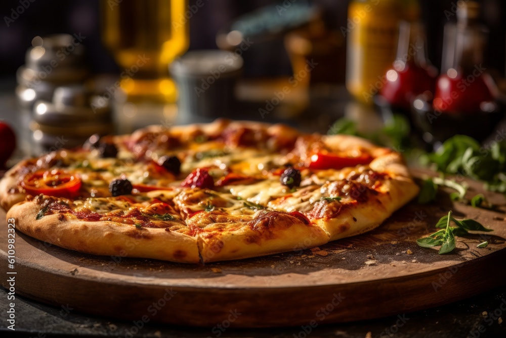 Rustic ambiance close-up photography of a tempting pizza on a slate plate against a painted gypsum board background. With generative AI technology
