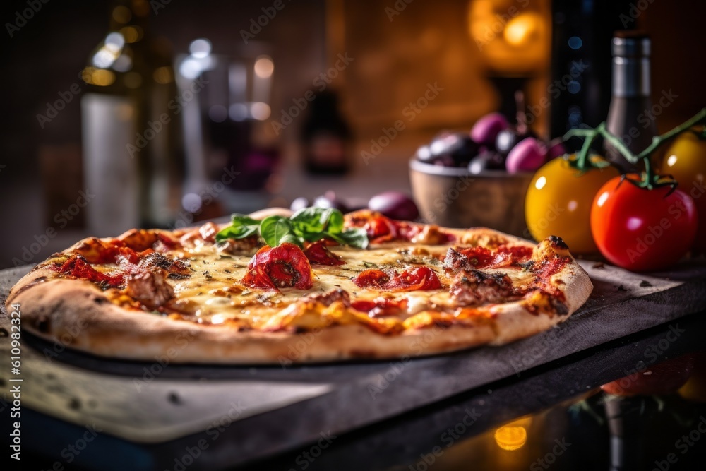 Rustic ambiance close-up photography of a tempting pizza on a slate plate against a painted gypsum board background. With generative AI technology