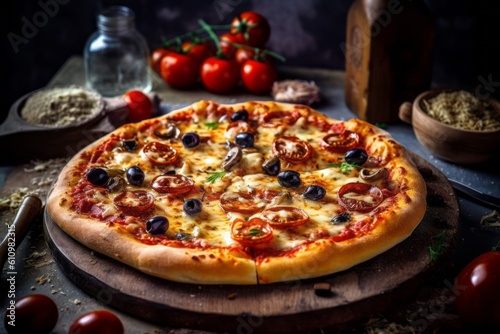 Rustic ambiance close-up photography of a tempting pizza on a slate plate against a painted gypsum board background. With generative AI technology