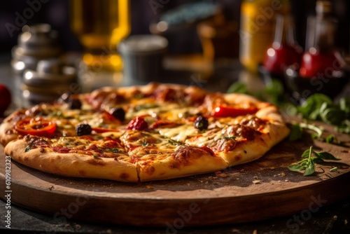 Rustic ambiance close-up photography of a tempting pizza on a slate plate against a painted gypsum board background. With generative AI technology