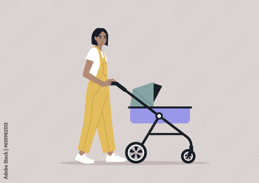 A young Caucasian parent walking with a stroller, outdoor activities A young Caucasian parent walking with a stroller, outdoor activities