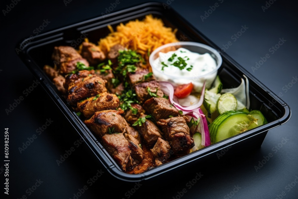 Detailed close-up photography of an exquisite kebab in a bento box against a painted gypsum board background. With generative AI technology