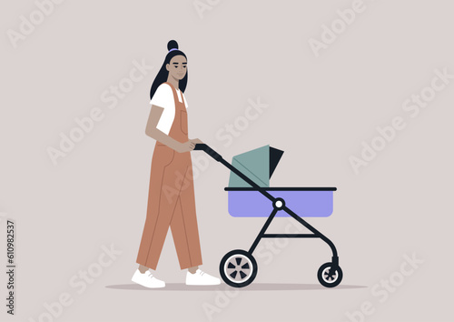 A young Asian parent walking with a stroller, outdoor activities