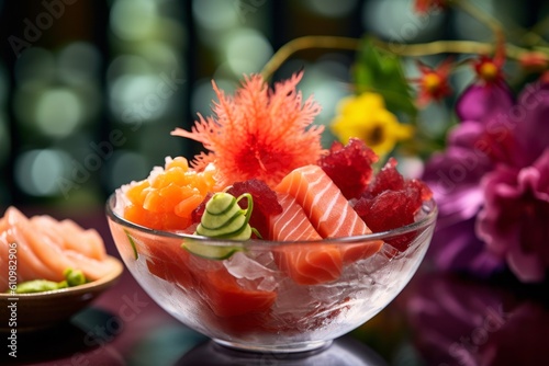 Detailed close-up photography of a tempting sashimi in a glass bowl against a floral wallpaper background. With generative AI technology