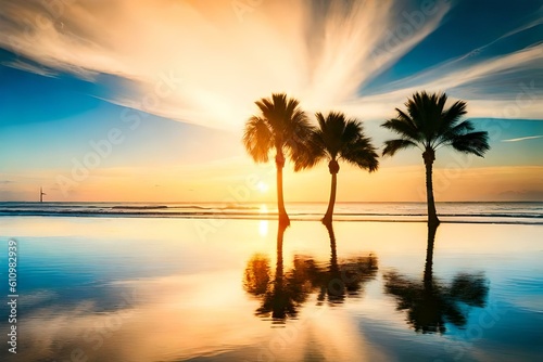 three palm trees with sunrise  on sea AI Generated  © SadiGrapher