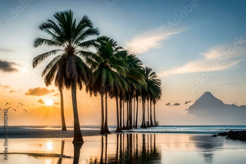 palm trees in row with bright sky light on sea shore AI Generated 